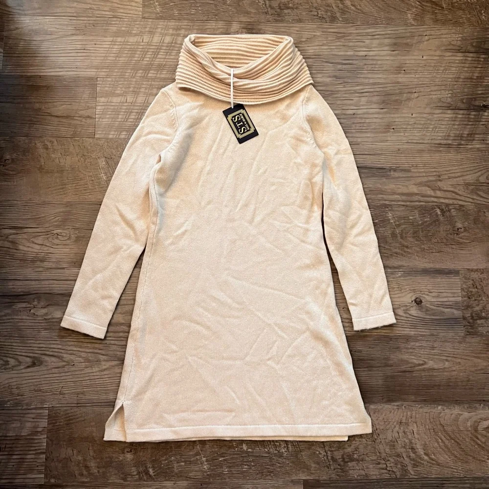 $388 Sail to Sable Cream Cowl Neck Classic Wool Cashmere Tunic Sweater Dress - Picture 5 of 9
